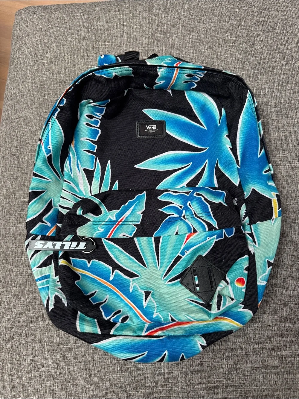 Vans Black Backpack with Blue Tropical Leaf Print